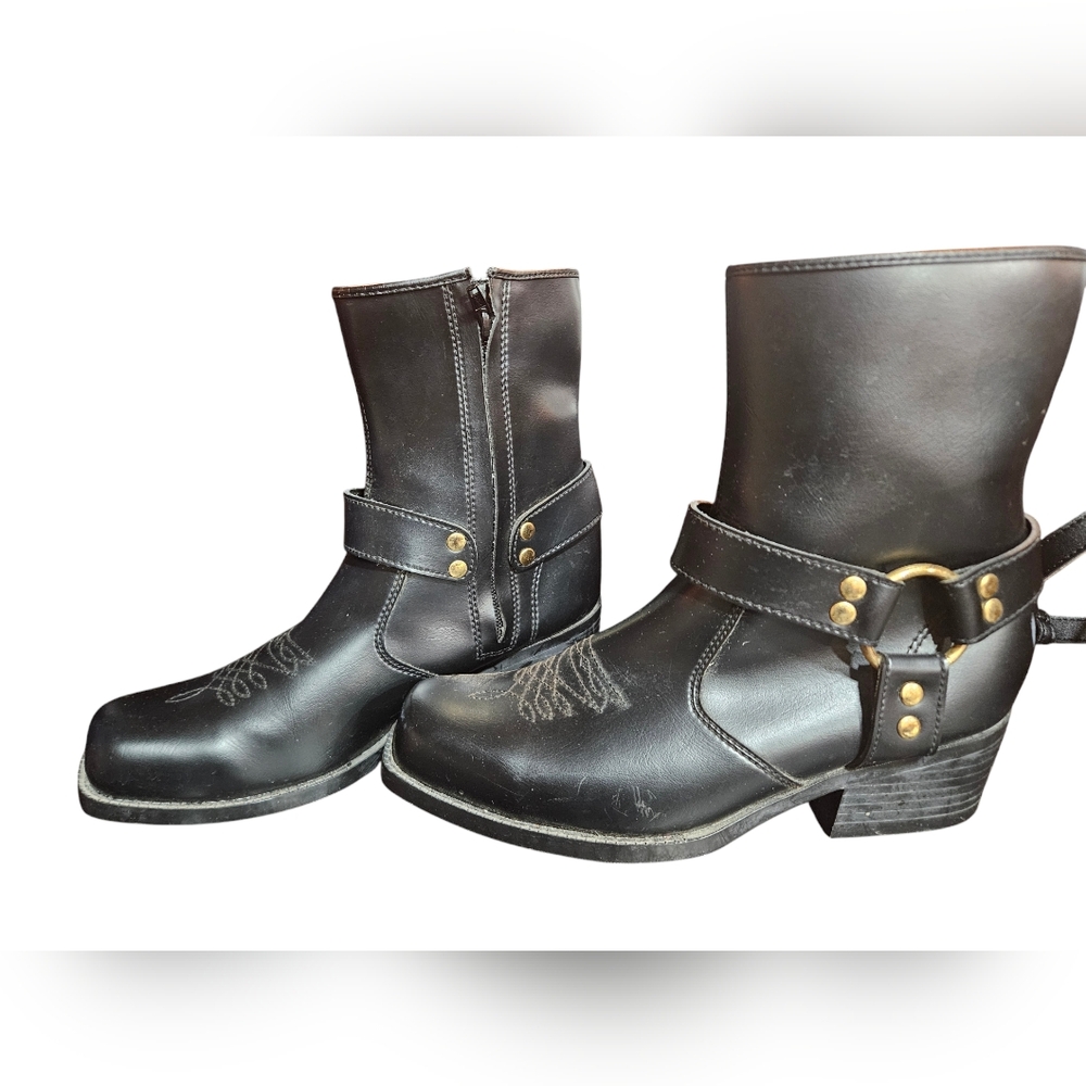 Black Leather Ankle Boots with Gold Accents
